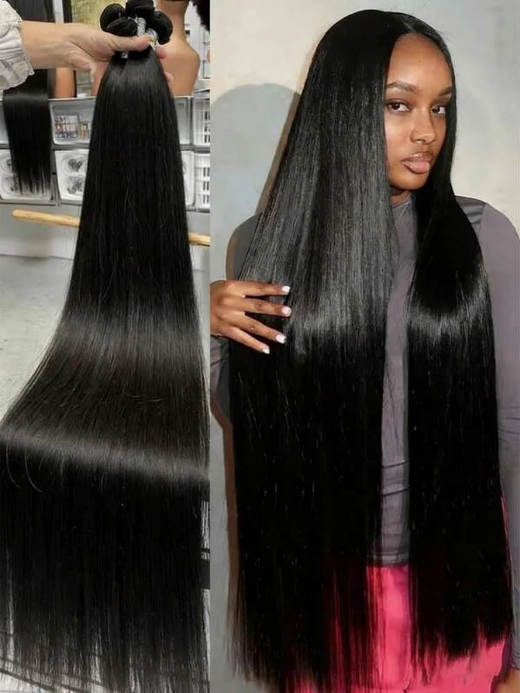 16- 42 Inch Straight Human Hair Bundles Natural Brazilian Virgin Hair 1/3/4 Bundles Hair Extensions Double Weft Wet And Wavy