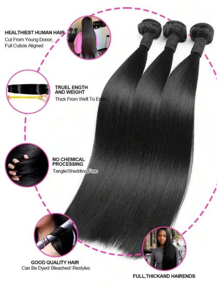 16- 42 Inch Straight Human Hair Bundles Natural Brazilian Virgin Hair 1/3/4 Bundles Hair Extensions Double Weft Wet And Wavy