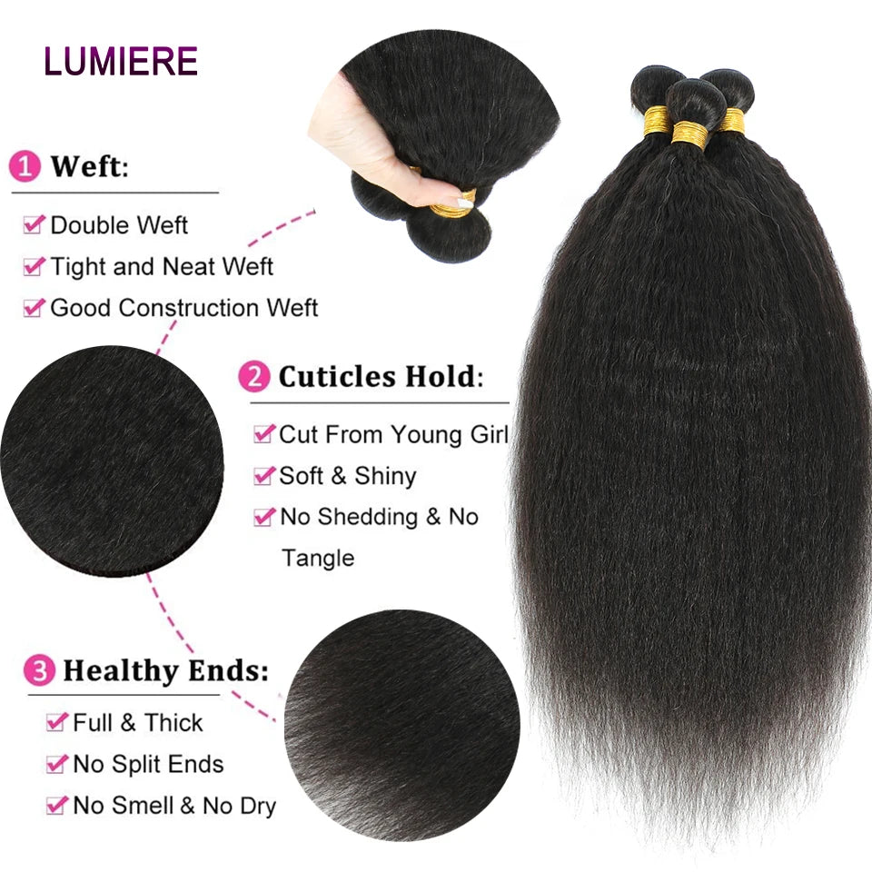 40" Kinky Straight Hair Bundles Virgin Human Hair Weave Bundles 1/3/4 PCS Brazilian Yaki Thick End